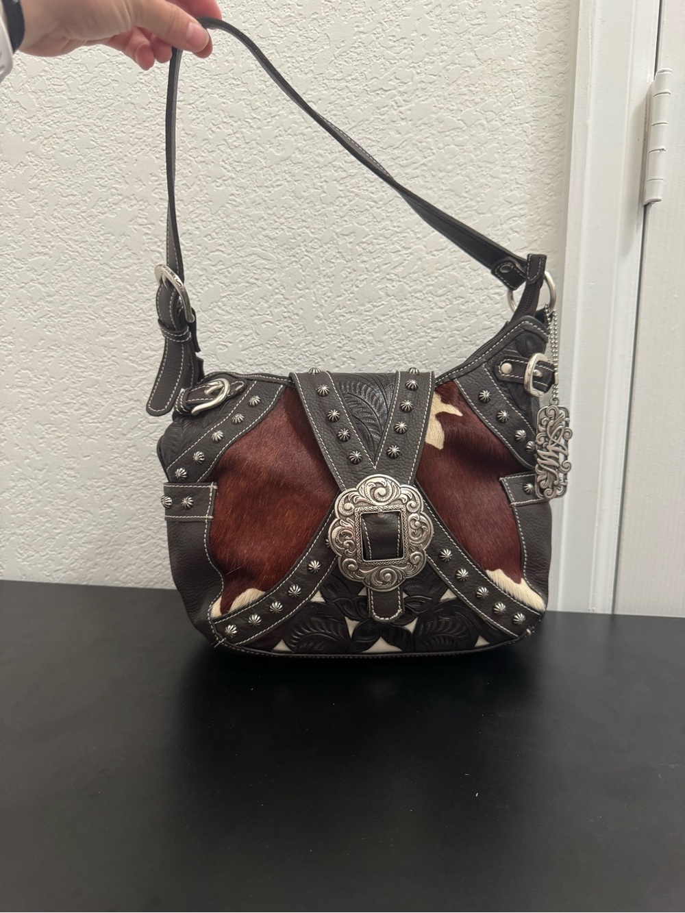American West Brown and White Haircalf Leather Shoulder Bag with Silver Accents